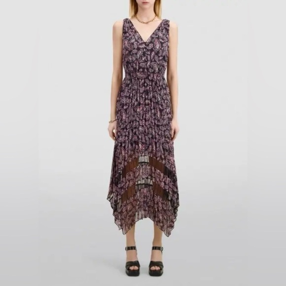 NWT The Kooples Chiffon Pleated Paisley Dress Sz 1 (S) Black Lace Accents - Picture 3 of 11